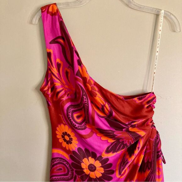 NEW FARM Rio Bold Floral Pink Midi Dress One Shoulder Cut-Out Beaded Ties Size L - Picture 8 of 16